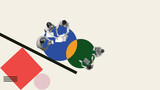 Creative digital artwork of creative team around abstract shapes in flat-lay view of workspace. Concept of collaboration, brainstorming, team strategy, UX workshops, fintech app design process.