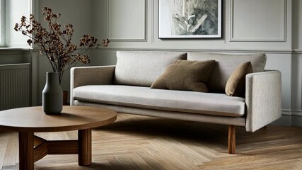 Poster - A cozy living space showcases a neutral sofa paired with a unique coffee table, complemented by tasteful floral accents