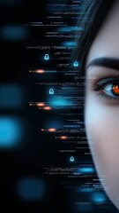 Poster - A close-up view of a human eye with glowing data visualizations in the background captures the fusion of technology and perception