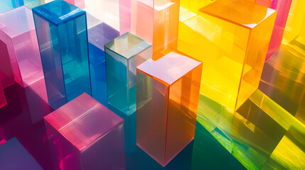 Poster - Abstract background with glass cubes. 3d rendering, 3d illustration, Translucent glasw ith colorful gradient background.