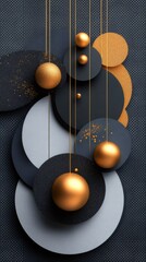 Poster - Golden spheres hanging from elegant strings over abstract geometric background