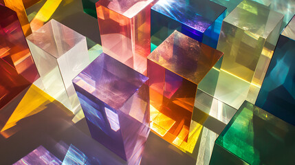 Poster - Abstract background with glass cubes. 3d rendering, 3d illustration, Translucent glasw ith colorful gradient background.