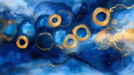 Poster - Golden rings adorning a deep blue abstract background