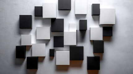 Poster - Black and white cubes creating an abstract pattern on a textured wall