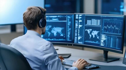 Poster - Professional scrutinizes data trends and patterns through multiple monitors in a high-tech office environment
