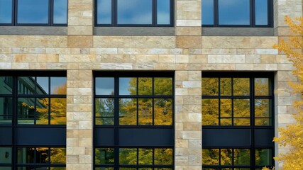 Poster - Large windows reflect stunning autumn colors, emphasizing the connection between architecture and nature in a peaceful environment