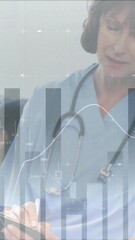 Poster - Animation of financial data processing over diverse female doctor and patients in waiting room