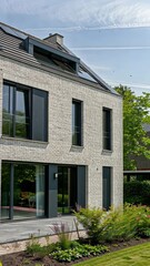 Poster - This stunning structure features contemporary architecture with expansive windows and a beautifully manicured yard filled with greenery