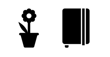 Poster - Simple Black Icon Set: Potted Flower and Vertical Striped Book Graphic