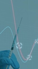 Poster - Holding syringe, gloved hand over fluctuating medical data animation