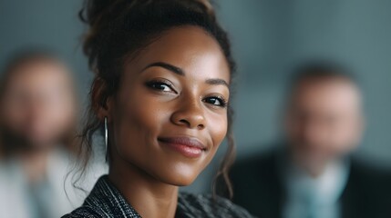 Poster - Professional woman listening intently to feedback from colleagues during a business meeting