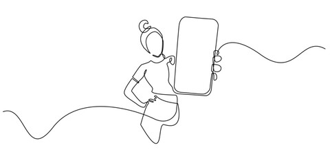 one continuous line woman showing cellphone screen.single line vector .eps 10