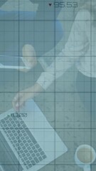Poster - Financial data and graph animation over business meeting with laptop and documents