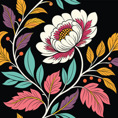 Poster - A seamless floral pattern with vibrant flowers and leaves creates a vintage and elegant design, perfect for textiles and backgrounds