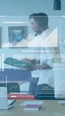 Poster - Discussing in office, colleagues analyzing business data with animated visualizations
