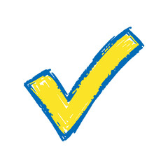 Poster - Check mark icon hand drawn doodle sketch symbol for yes correct success vote approve yellow blue graphic design vector art tick illustration