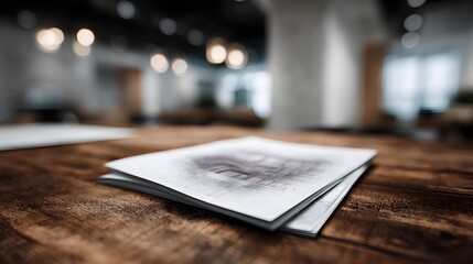 Poster - Blueprint document on wooden office desk with professional lighting and sharp focus