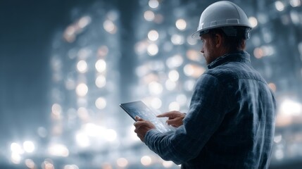 Poster - Contractor in hard hat examining 3D building plans on tablet device