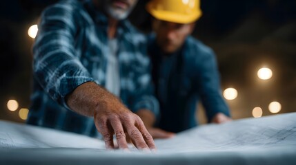 Poster - Architect discussing project blueprint with real estate investor