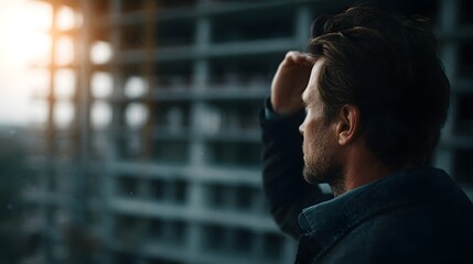 Poster - A real estate investor views a high rise under construction  long title A real estate investor stands in front of a high rise building under
