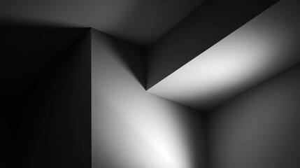 Fototapete - Light beams illuminating sleek architectural corner, casting dramatic shadows across minimalist interior surfaces, highlighting geometric lines and spatial depth