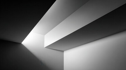 Poster - Light rays penetrating overhead skylight casting dramatic shadows across minimalist interior, revealing geometric patterns in stark architectural space with dramatic luminosity