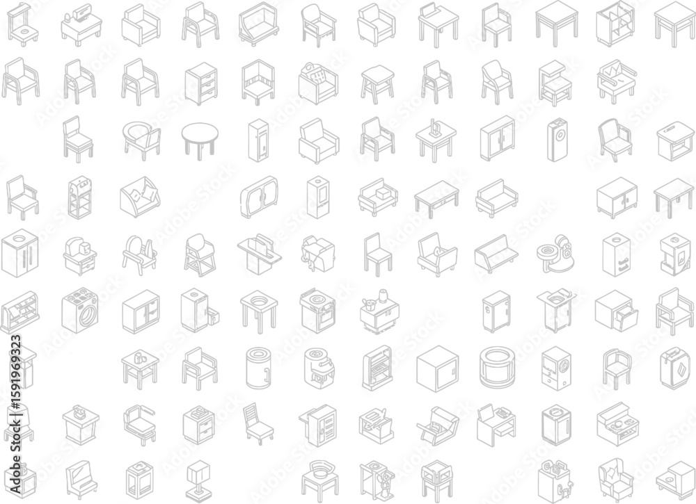 Collection of isometric line art furniture icons for interior design ...