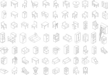 Collection of isometric line art furniture icons for interior design and architecture