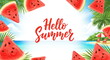 © W.O.W - Watermelon slices framing a hello summer text with a tropical beach view in the background, a holiday illustration for vacation.