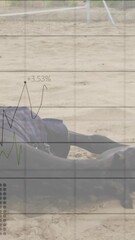 Poster - Financial data graph animation over person lying on sandy ground