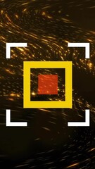 Poster - Animation of glowing particles swirling around red square with white brackets