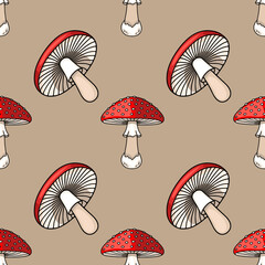 Poster - Seamless vector pattern featuring hand-drawn illustrations of red and white mushrooms with varying details, creating a charming autumnal design perfect for textile prints or digital backgrounds.