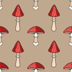Poster - Seamless vector pattern featuring whimsical hand-drawn illustrations of red toadstools with white spots, alternating between classic and stylized shapes, on a muted beige background.