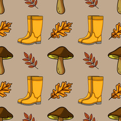 Poster - Seamless vector pattern featuring autumnal elements: yellow rubber boots, brown mushrooms, oak leaves, and red-orange branches, creating a cheerful and cozy fall mood.