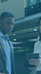 Poster - Discussing over tablet, business professionals with coding animation overlay in office