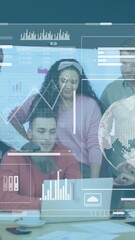 Poster - Collaborating in office, diverse team using laptop with digital animation overlay