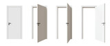 Set of white doors in various stages of opening, isolated on transparent background. 3D render.