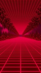Poster - Glowing pink lights on geometric shapes in futuristic neon grid tunnel animation