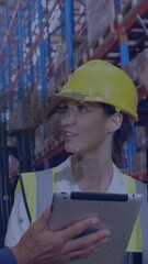 Poster - Discussing logistics, warehouse workers in hard hats with digital animation overlay