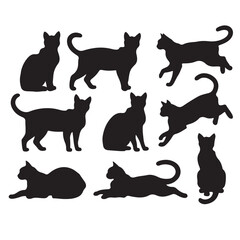 Poster - cat, silhouette, black, animal, pet, feline, domestic, mammal, isolated, vector, design, illustration, graphic, symbol, icon, shape, pose, sitting, lying, walking, jumping, standing, tail, ears, white