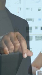 Poster - In school, diverse professionals using animation for digital interface during meeting