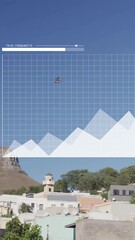 Poster - Graph and chart animation over cityscape with blue sky and buildings
