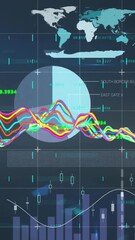 Poster - Animation of colorful financial graphs and data charts on world map statistics