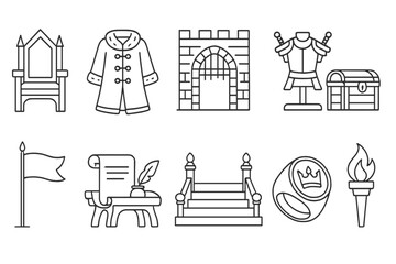 Poster - Medieval, history outline icon set: castles, armor, royalty symbols outline collection