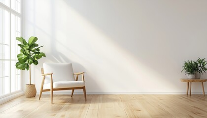 Poster - Stylish Mid-Century Living Room With White Armchair And Wooden Floor Against White Wall - Modern Interior Design Render.