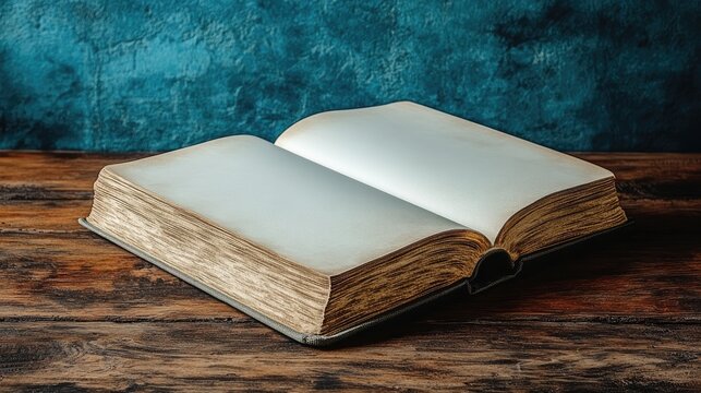 Open Antique Book with Blank Pages on Wooden Table
