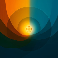 Poster - Vibrant circular patterns radiate warmth and tranquility under a colorful sunset sky in an abstract design