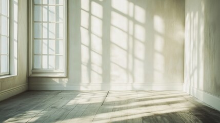 Poster - A bright and airy room showcasing sunlight casting soft shadows across the walls. This minimalist space invites tranquility and relaxation for various design possibilities.