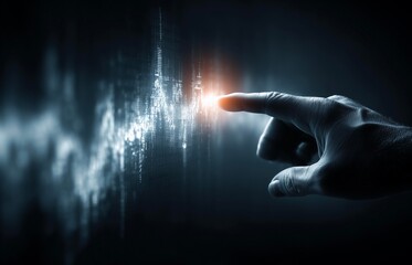 Close up of human hand touching screen with finger and binary code. Mixed media