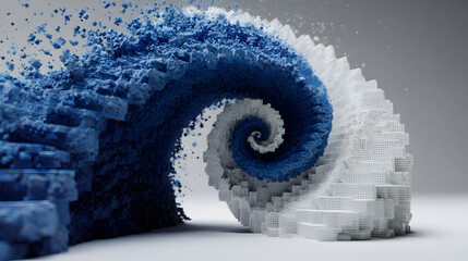 Poster - Blue and white image of a spiral with a white background. The spiral is made up of squares and rectangles